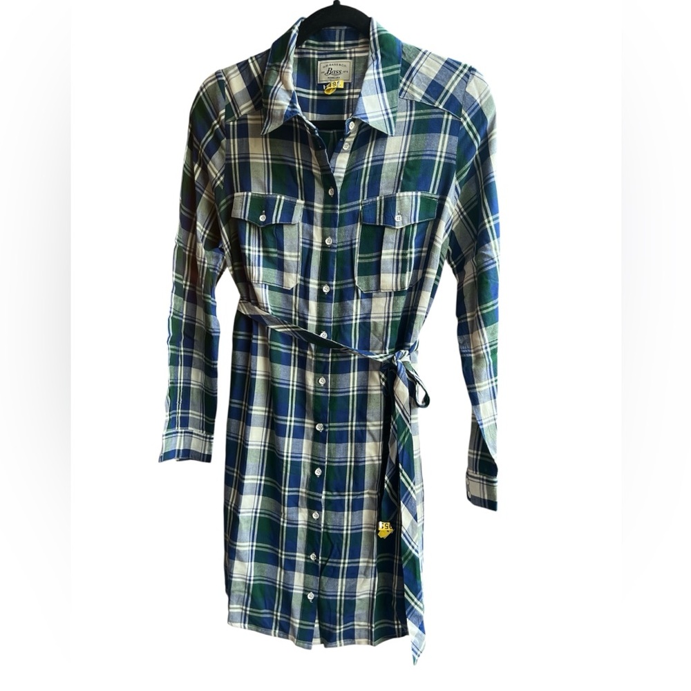 GH Bass & Co. Green Blue White Plaid Tunic Dress Shirt w/ Waist Tie – Size M